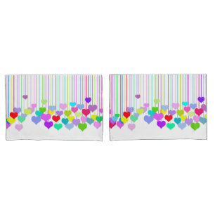 Vibrant Multi-colored Hanging Hearts On White Pillowcase