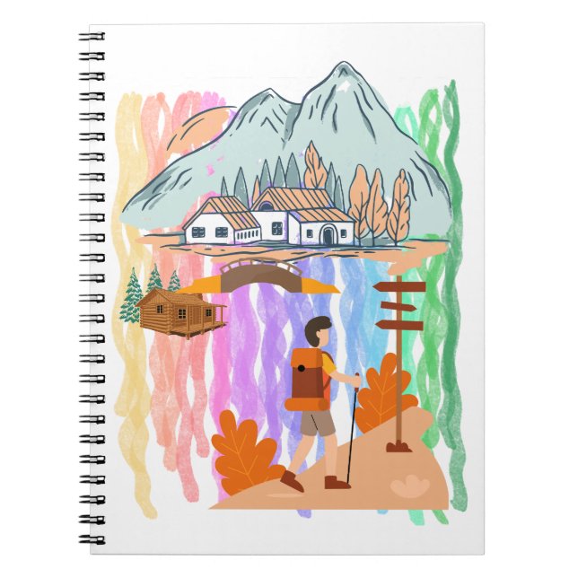 Vibrant Multi-Colour Cartoon Hiking Adventure Notebook (Front)