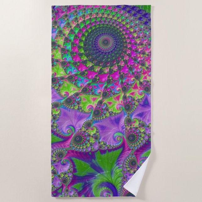 Vibrant multi-colour fractal mandala beach towel (Front)