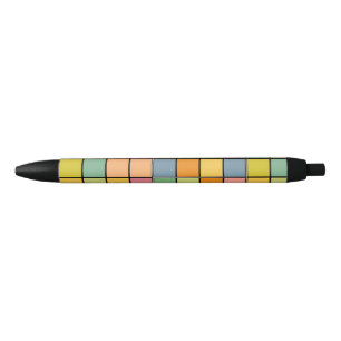 Vibrant Multi-Coloured Geometric Squares Black Ink Pen