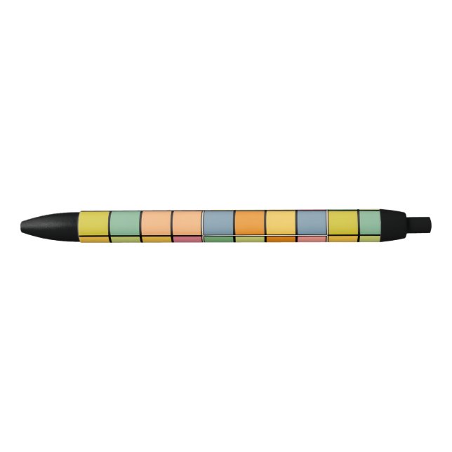 Vibrant Multi-Coloured Geometric Squares Black Ink Pen (Front)