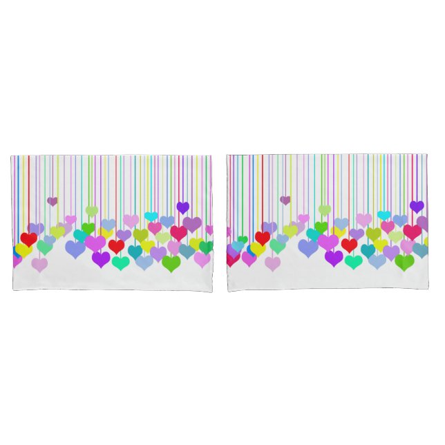 Vibrant Multi-coloured Hanging Hearts On White Pillowcase (Front-Set)