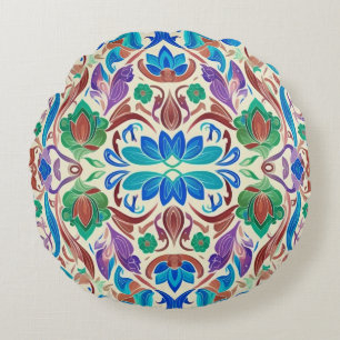 Vibrant multicolor floral fabric pattern design round cushion