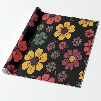 Vibrant Multicolor Floral Pattern on Black Backgro Wrapping Paper