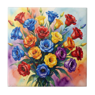 Vibrant Multicolor Roses Lisianthus Watercolor Ceramic Tile
