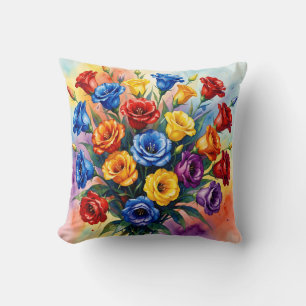 Vibrant Multicolor Roses Lisianthus Watercolor Cushion