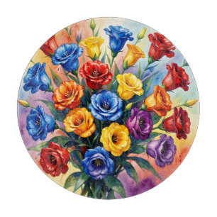 Vibrant Multicolor Roses Lisianthus Watercolor Cutting Board