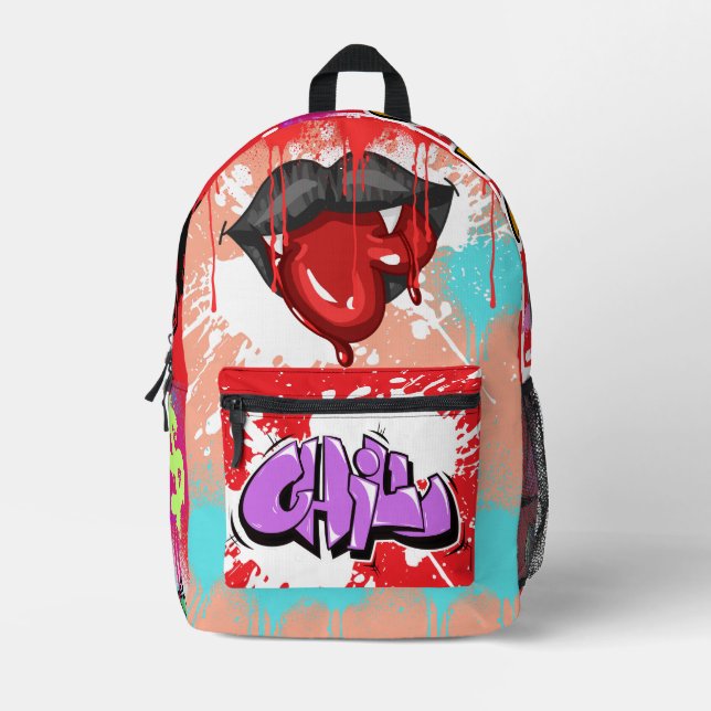 Vibrant multicolor vampire Spray painting Graffiti Printed Backpack (Front)