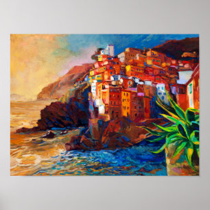 vibrant multicolored impressionist coastal village poster