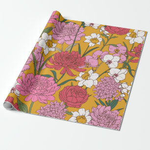 Vibrant Mustard Yellow Pink Floral Garden Wrapping Paper