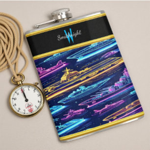 Vibrant Naval Fleet Illuminated by Neon Colors Hip Flask
