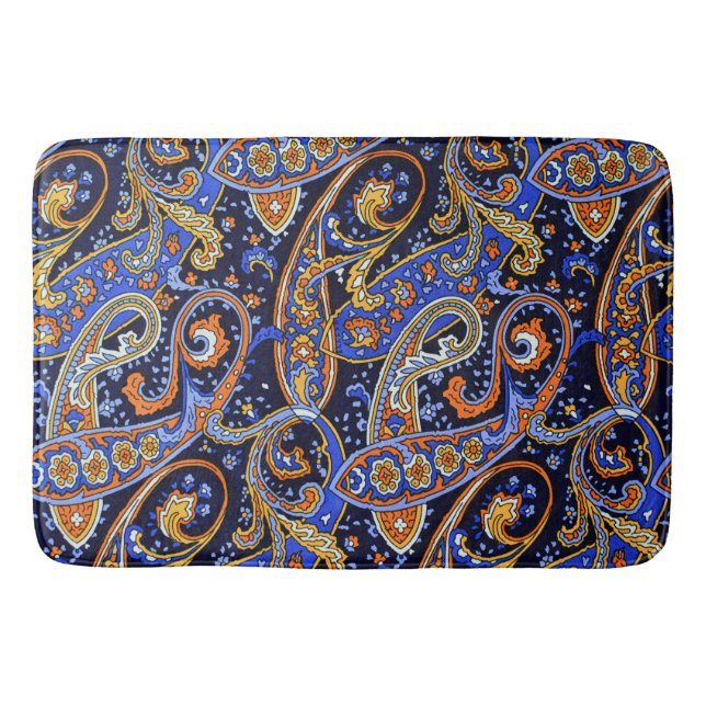 Vibrant Navy & Orange Bohemian Paisley Pattern Bath Mat (Front)