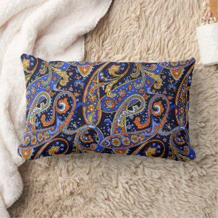 Vibrant Navy & Orange Bohemian Paisley Pattern Lumbar Cushion