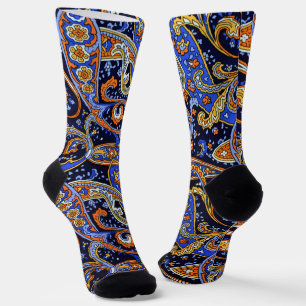 Vibrant Navy & Orange Bohemian Paisley Pattern Socks