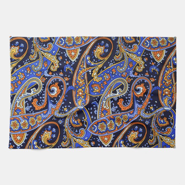 Vibrant Navy & Orange Bohemian Paisley Pattern Tea Towel (Horizontal)