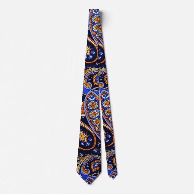Vibrant Navy & Orange Bohemian Paisley Pattern Tie (Front)