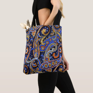 Vibrant Navy & Orange Bohemian Paisley Pattern Tote Bag