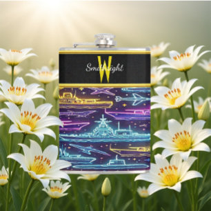 Vibrant Navy Vessels and Aircraft in Neon Hues Hip Flask