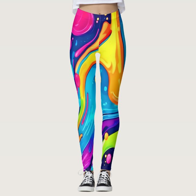 Vibrant Neon Abstract Art Splash Leggings (Front)