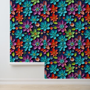 Vibrant Neon Blooms: 3D Floral Fantasy Pattern Wallpaper