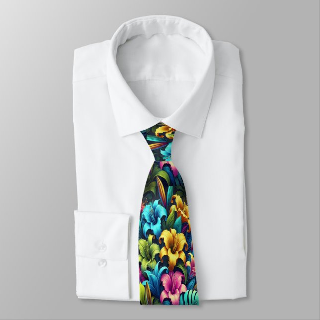 Vibrant Neon Blossoms in Lush Garden Tie (Tied)