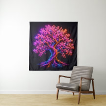 Vibrant Neon Cherry Blossom Tree with Electric Art