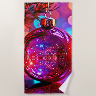 Vibrant Neon Christmas Ornament Design Beach Towel