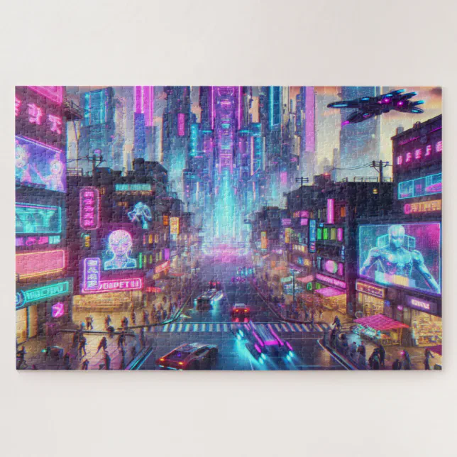 Vibrant Neon Cyberpunk Cityscape Fantasy | Jigsaw Puzzle | Zazzle