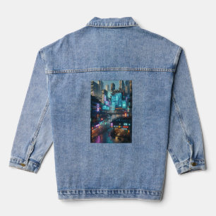 Vibrant Neon Cyberpunk Cityscape Futuristic Denim Jacket