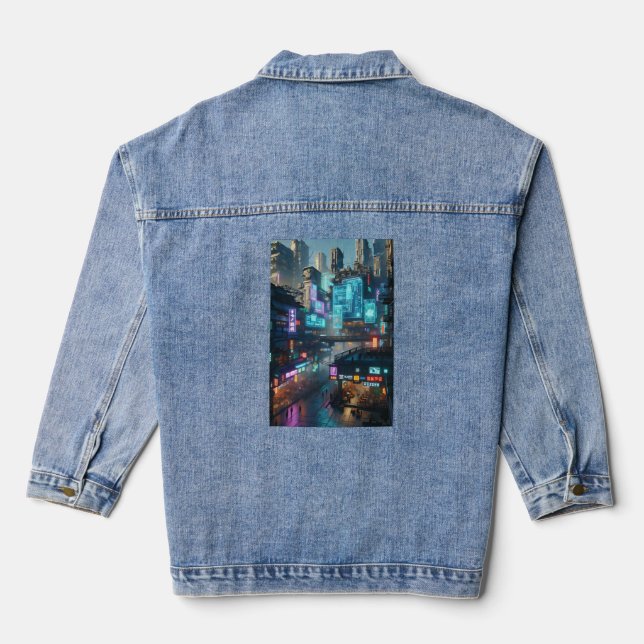 Vibrant Neon Cyberpunk Cityscape Futuristic Denim Jacket (Back)