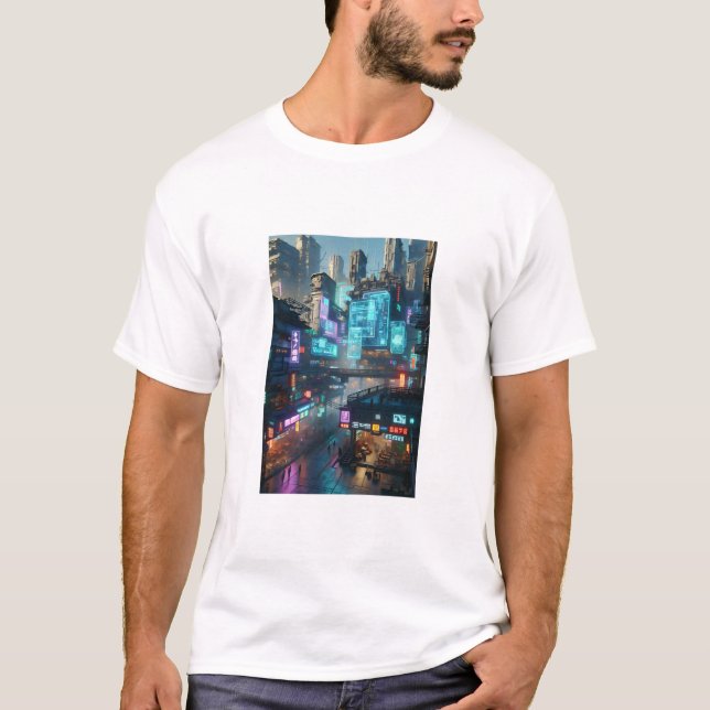 Vibrant Neon Cyberpunk Cityscape Futuristic T-Shirt (Front)