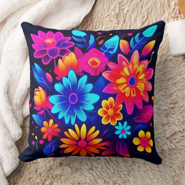 Vibrant Neon Floral Art Cushion (Blanket)