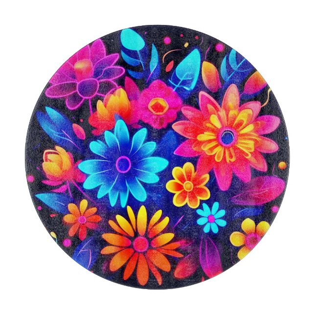 Vibrant Neon Floral Art Cutting Board (Front)