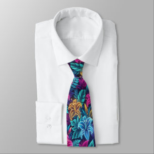 Vibrant Neon Floral Patterns Illuminate Night  Tie