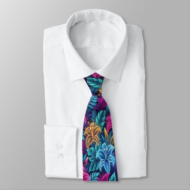 Vibrant Neon Floral Patterns Illuminate Night  Tie (Tied)