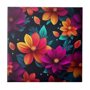Vibrant Neon Flowers on Dark Ceramic Tile