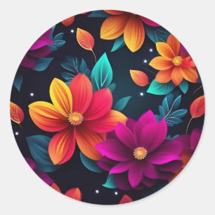Vibrant Neon Flowers on Dark Classic Round Sticker