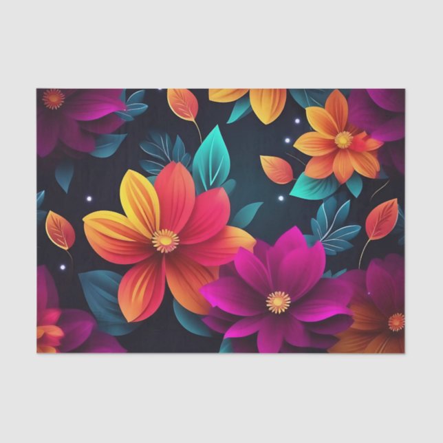 Vibrant Neon Flowers on Dark Tissue Paper (Front)