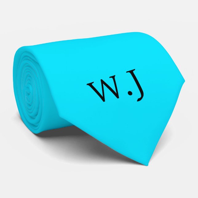 Vibrant neon fluorescent blue monogram funny tie (Rolled)