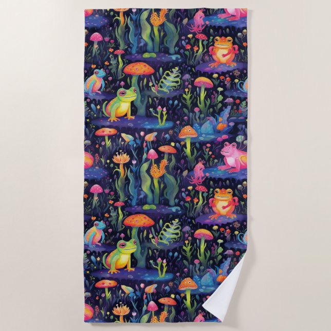 Vibrant neon frogs pattern beach towel (Front)