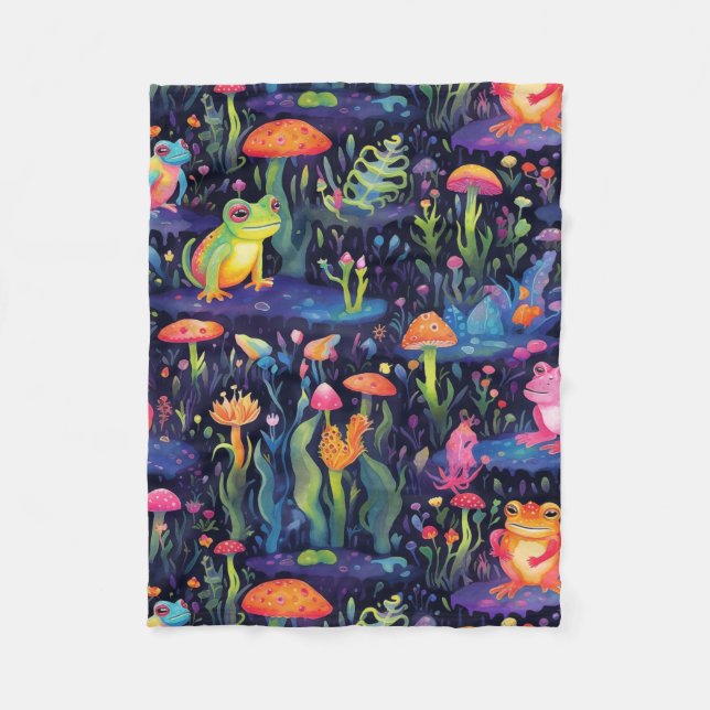 Vibrant neon frogs pattern fleece blanket (Front)