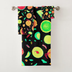 Vibrant Neon Fruits Pattern Bath Towel Set