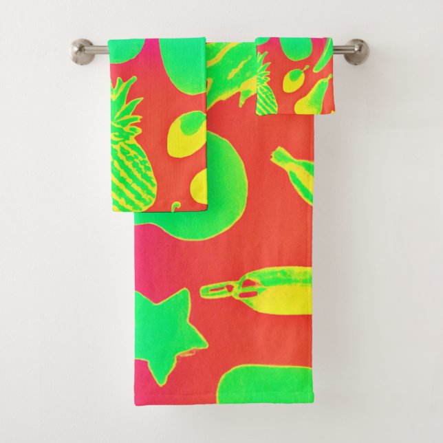 Vibrant Neon Fruits Pattern Bath Towel Set (Insitu)