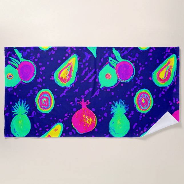 Vibrant Neon Fruits Pattern Design Beach Towel (Front)