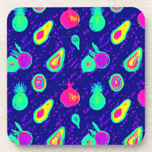 Vibrant Neon Fruits Pattern Design Coaster