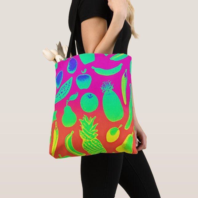 Vibrant Neon Fruits Pattern Tote Bag (Close Up)