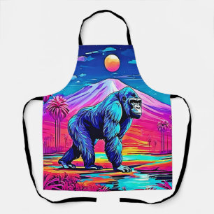 Vibrant Neon Gorilla in a Surreal Jungle Scene Apron