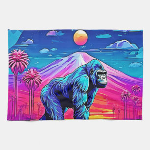 Vibrant Neon Gorilla in a Surreal Jungle Scene Tea Towel