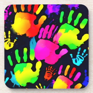 Vibrant Neon Handprint Art Coaster