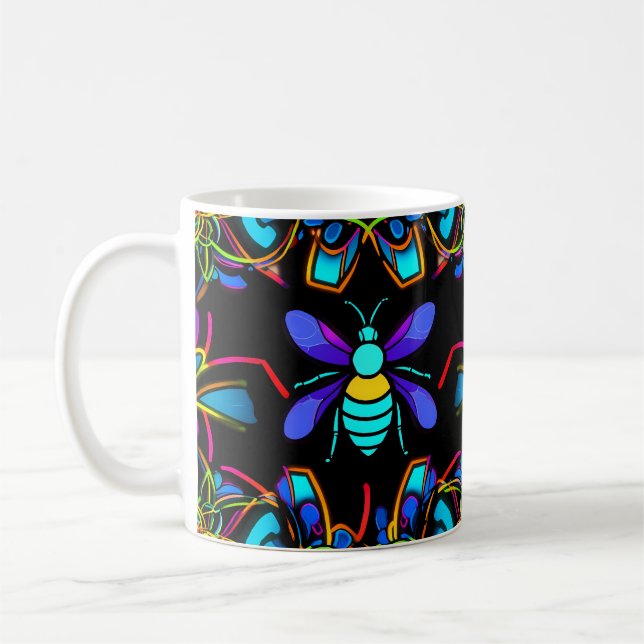  Vibrant Neon Honeybee with Abstract Hexagonal  Coffee Mug (Left)